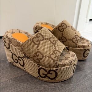 Gucci Tan and Brown Platform Wedge Sandals